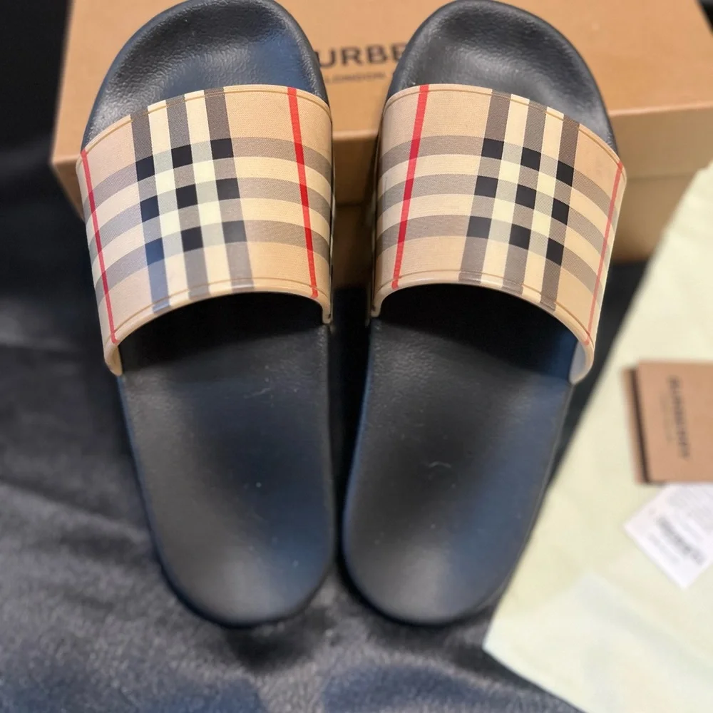 Burberry Beige and Black Check Slides - Picture 1 of 6